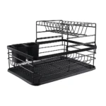 2 tier dish drying rack, black dish rack, kitchen dish rack, dish rack with tray, countertop dish organizer, steel dish drying rack, dish rack with cutlery holder, compact dish drainer, rust-proof dish rack