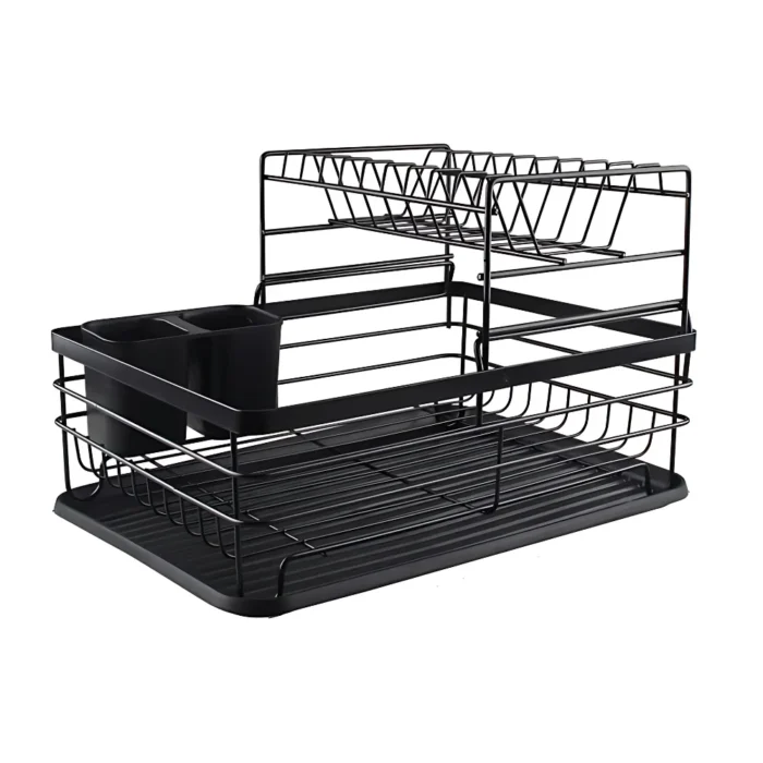 2 tier dish drying rack, black dish rack, kitchen dish rack, dish rack with tray, countertop dish organizer, steel dish drying rack, dish rack with cutlery holder, compact dish drainer, rust-proof dish rack