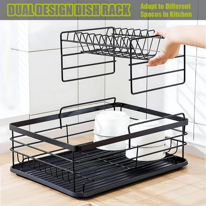 2 tier dish drying rack, black dish rack, kitchen dish rack, dish rack with tray, countertop dish organizer, steel dish drying rack, dish rack with cutlery holder, compact dish drainer, rust-proof dish rack