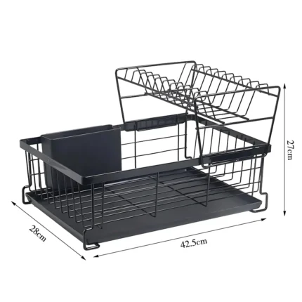 2 tier dish drying rack, black dish rack, kitchen dish rack, dish rack with tray, countertop dish organizer, steel dish drying rack, dish rack with cutlery holder, compact dish drainer, rust-proof dish rack