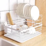 2 tier white dish rack, dish drying rack Dubai, white kitchen dish rack, countertop dish rack UAE, white dish organizer, anti-rust dish rack, dish rack with tray and holder, kitchen storage rack Dubai