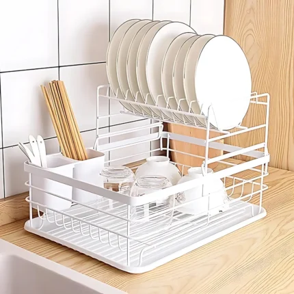 2 tier white dish rack, dish drying rack Dubai, white kitchen dish rack, countertop dish rack UAE, white dish organizer, anti-rust dish rack, dish rack with tray and holder, kitchen storage rack Dubai