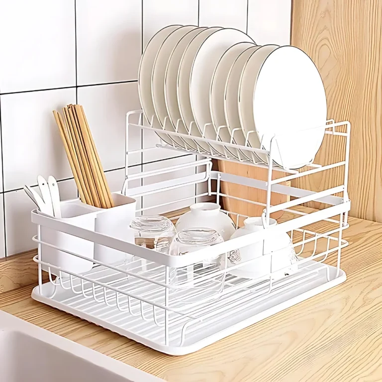 2 tier white dish rack, dish drying rack Dubai, white kitchen dish rack, countertop dish rack UAE, white dish organizer, anti-rust dish rack, dish rack with tray and holder, kitchen storage rack Dubai