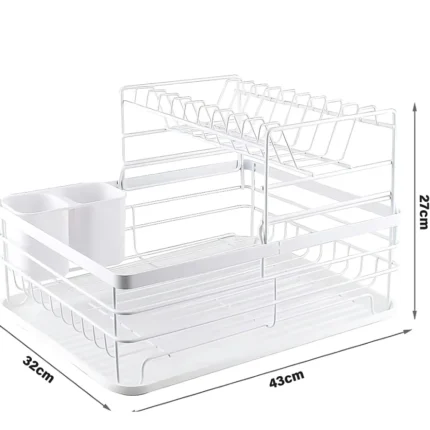 2 tier white dish rack, dish drying rack Dubai, white kitchen dish rack, countertop dish rack UAE, white dish organizer, anti-rust dish rack, dish rack with tray and holder, kitchen storage rack Dubai