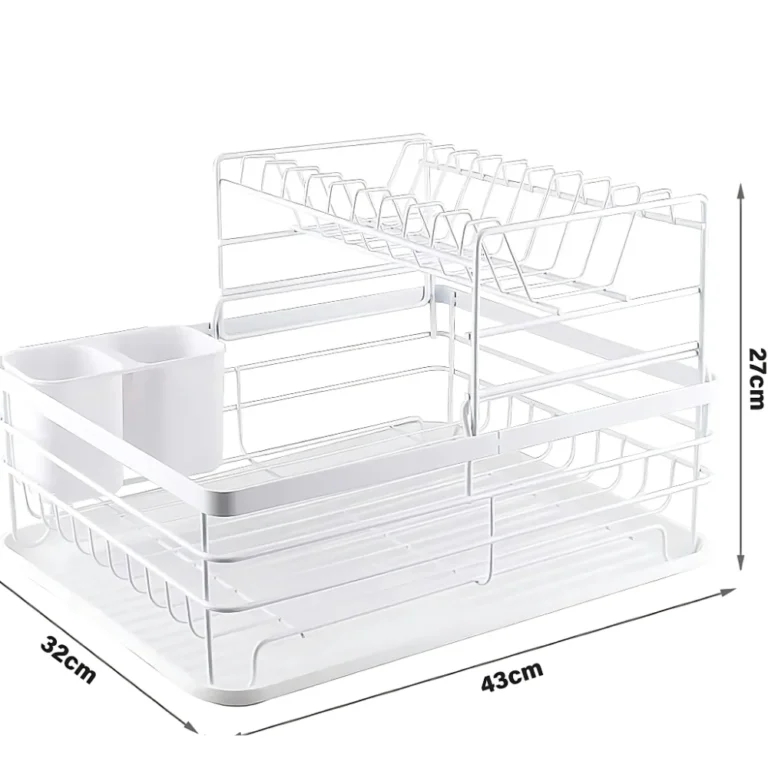 2 tier white dish rack, dish drying rack Dubai, white kitchen dish rack, countertop dish rack UAE, white dish organizer, anti-rust dish rack, dish rack with tray and holder, kitchen storage rack Dubai