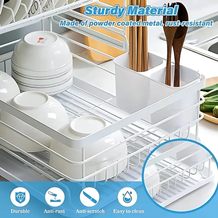 2 tier white dish rack, dish drying rack Dubai, white kitchen dish rack, countertop dish rack UAE, white dish organizer, anti-rust dish rack, dish rack with tray and holder, kitchen storage rack Dubai