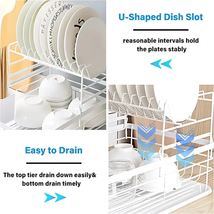 2 tier white dish rack, dish drying rack Dubai, white kitchen dish rack, countertop dish rack UAE, white dish organizer, anti-rust dish rack, dish rack with tray and holder, kitchen storage rack Dubai