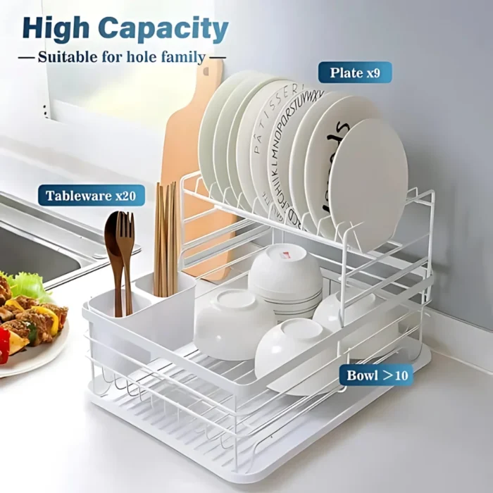 2 tier white dish rack, dish drying rack Dubai, white kitchen dish rack, countertop dish rack UAE, white dish organizer, anti-rust dish rack, dish rack with tray and holder, kitchen storage rack Dubai