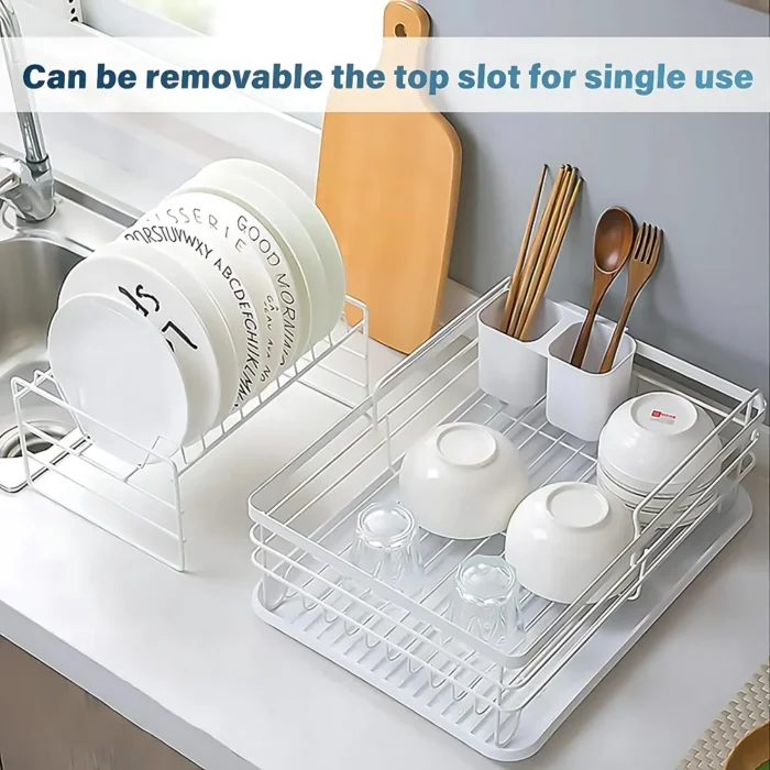 2 tier white dish rack, dish drying rack Dubai, white kitchen dish rack, countertop dish rack UAE, white dish organizer, anti-rust dish rack, dish rack with tray and holder, kitchen storage rack Dubai