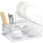 2 tier white dish rack, dish drying rack Dubai, white kitchen dish rack, countertop dish rack UAE, white dish organizer, anti-rust dish rack, dish rack with tray and holder, kitchen storage rack Dubai