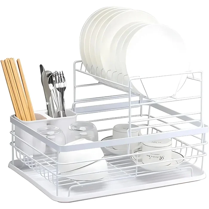 2 tier white dish rack, dish drying rack Dubai, white kitchen dish rack, countertop dish rack UAE, white dish organizer, anti-rust dish rack, dish rack with tray and holder, kitchen storage rack Dubai