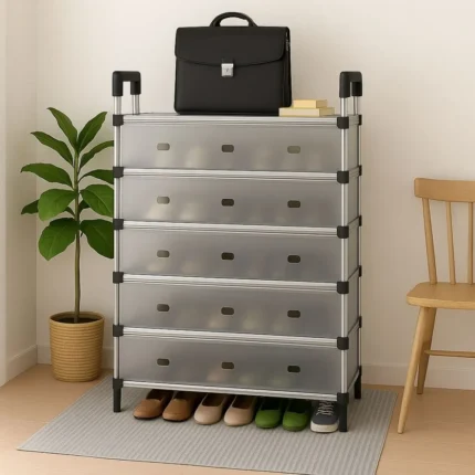 Keep your home clean and organized using our stylish 6-Tier Covered Shoe Storage Cabinet — the perfect blend of modern design and practicality. This Shoe Organizer Cabinet is ideal for apartments, villas, and offices in Dubai, Abu Dhabi, Sharjah, and beyond. Made with high-quality ABS cover lids and strong steel frames, this Portable Shoe Rack Organizer with Door ensures long-lasting durability and sleek elegance. This 6-tier Shoe Storage Cabinet with Doors is built for convenience and durability. The flip door design protects your footwear from dust, sand and humidity — making it perfect for Dubai’s climate. The ABS plastic cover lids are tough, lightweight and easy to clean, while the reinforced steel frame ensures excellent stability and strength. Each tier is spacious enough to hold 3 pairs of adult shoes, or 4 pairs of children’s shoes, accommodating 18 to 24 pairs in total. Its compact and vertical design makes it ideal for entrances, bedrooms and closets — maximizing your floor space while keeping everything neatly organized.